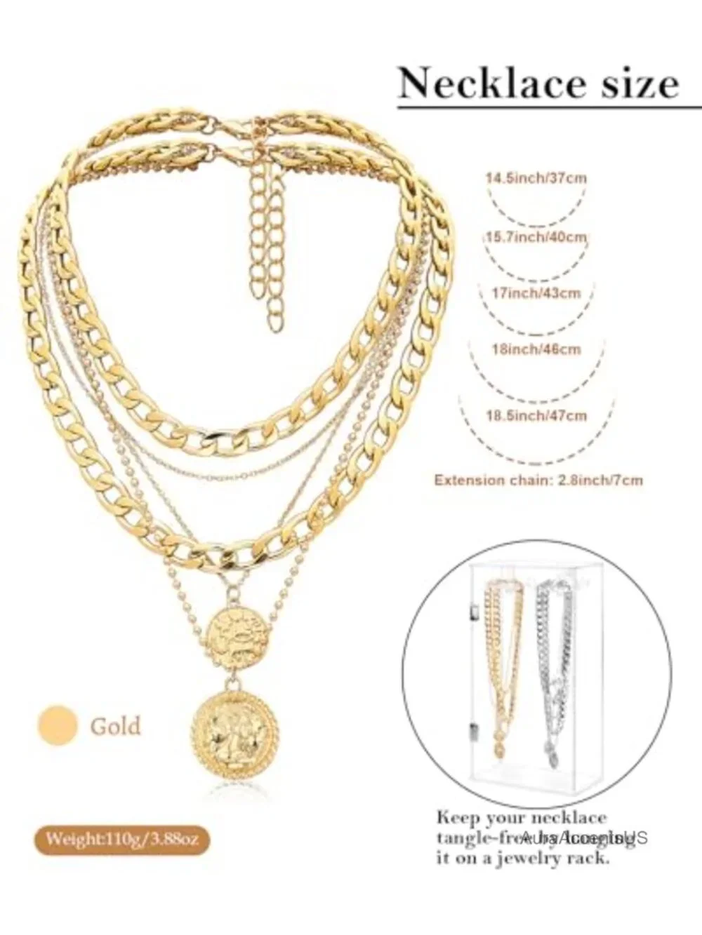 Layered Necklace Set - Retro Coin Pendant Chunky Chains - Gold Plated Alloy